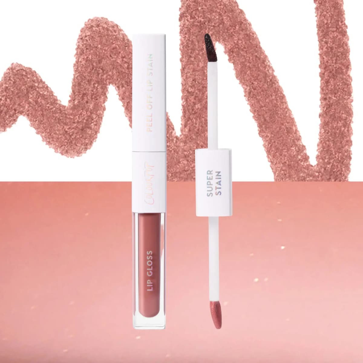 Opened lip duo with a warm pinky nude gloss, shown over a warm nude stain scribble and rosy gloss swatch
