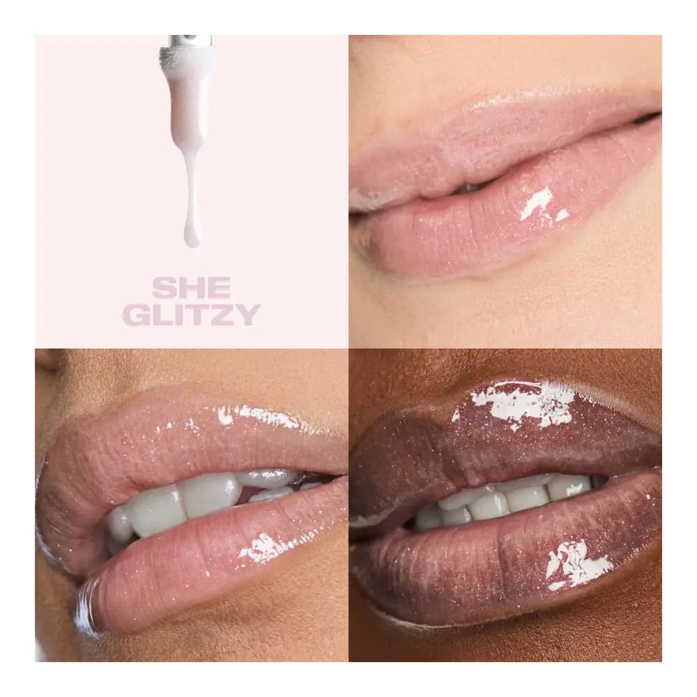 She Glitzy sheer pink shimmer gloss dripping from wand, with glossy lip swatches on three skin tones