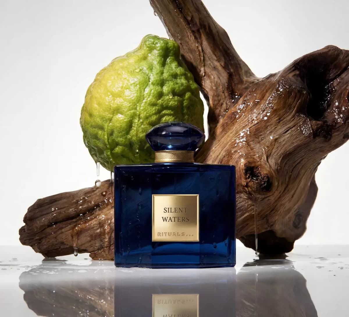 Deep navy square Rituals Silent Waters bottle with gold label before a wet bergamot and glistening driftwood
