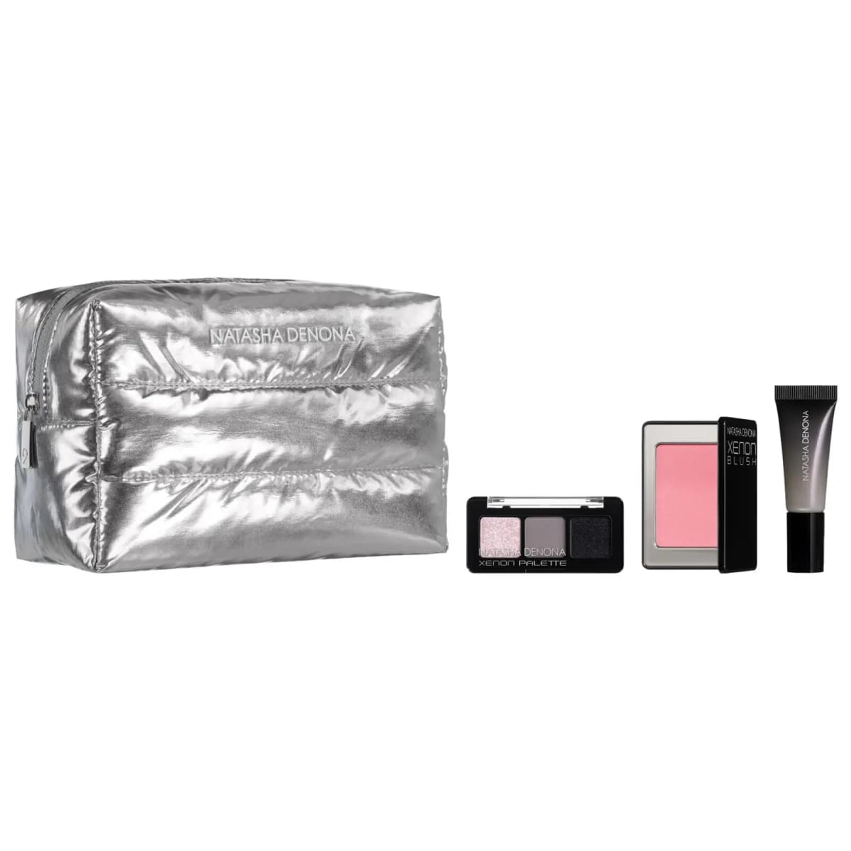 Natasha Denona silver puffer pouch beside a Xenon three-shade eyeshadow palette, pink Xenon Blush and black gloss tube.