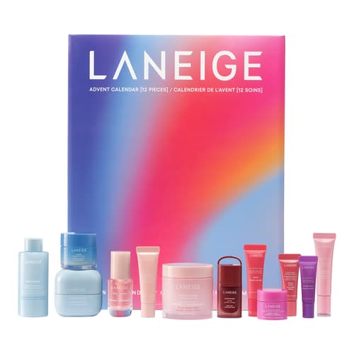 Laneige 12-piece advent calendar in a rainbow gradient box with blue and pink skincare minis in front