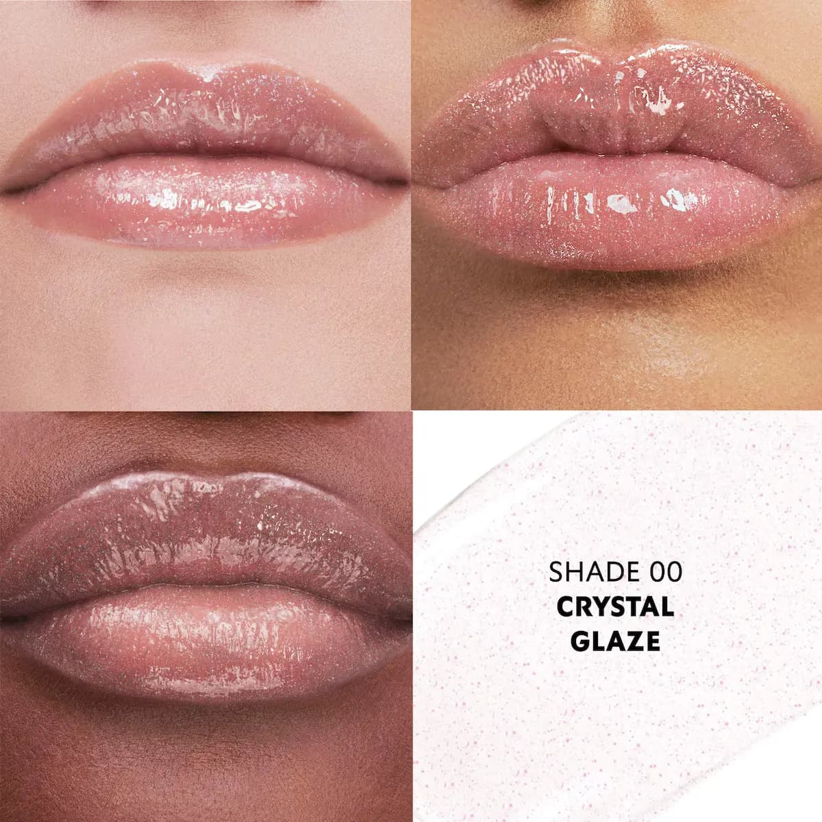 Crystal Glaze on three skin tones, sheer glossy finish with fine shimmer, beside a clear swatch with pink flecks