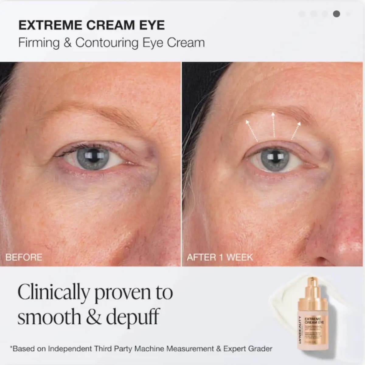 Extreme Cream Eye before and after 1 week: close-up of eye area with arrows marking a lifted brow and smoother lid