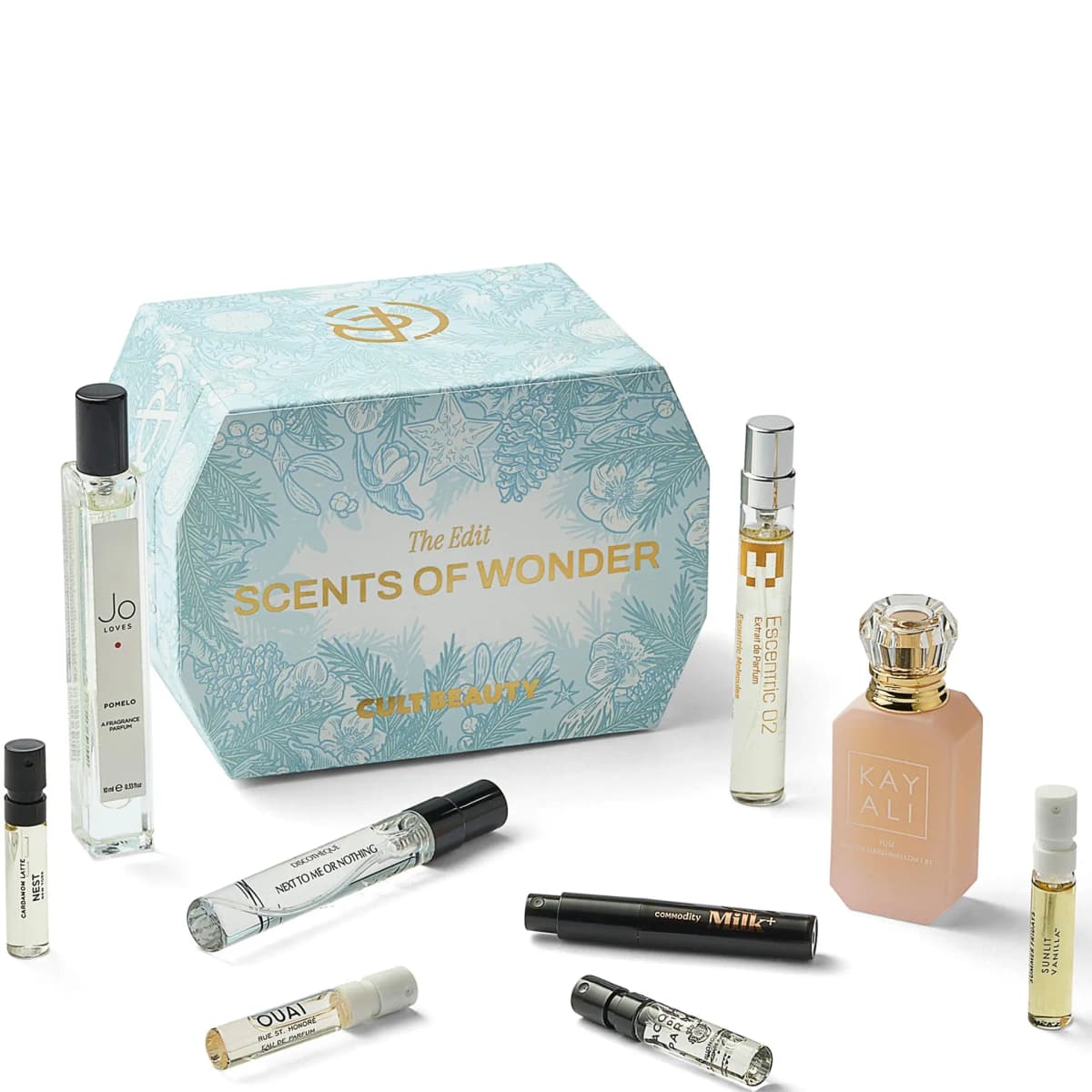 Scents of Wonder box on white with KAYALI Yum Boujee Marshmallow bottle, Jo Loves Pomelo and NEST, OUAI vials