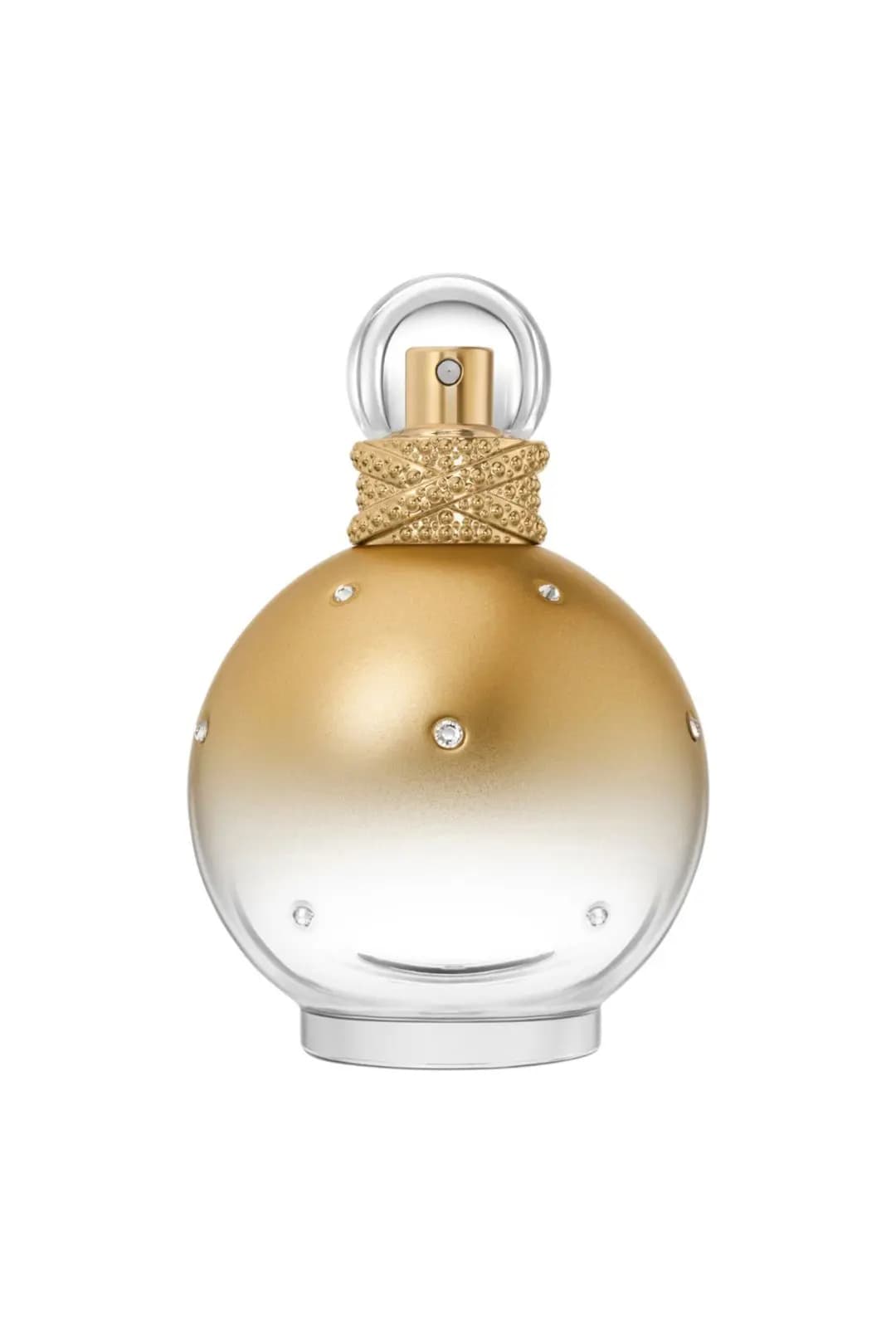 Close-up of the round Goddess Fantasy bottle with gold ombre finish, crystal studs and textured gold crossed collar.