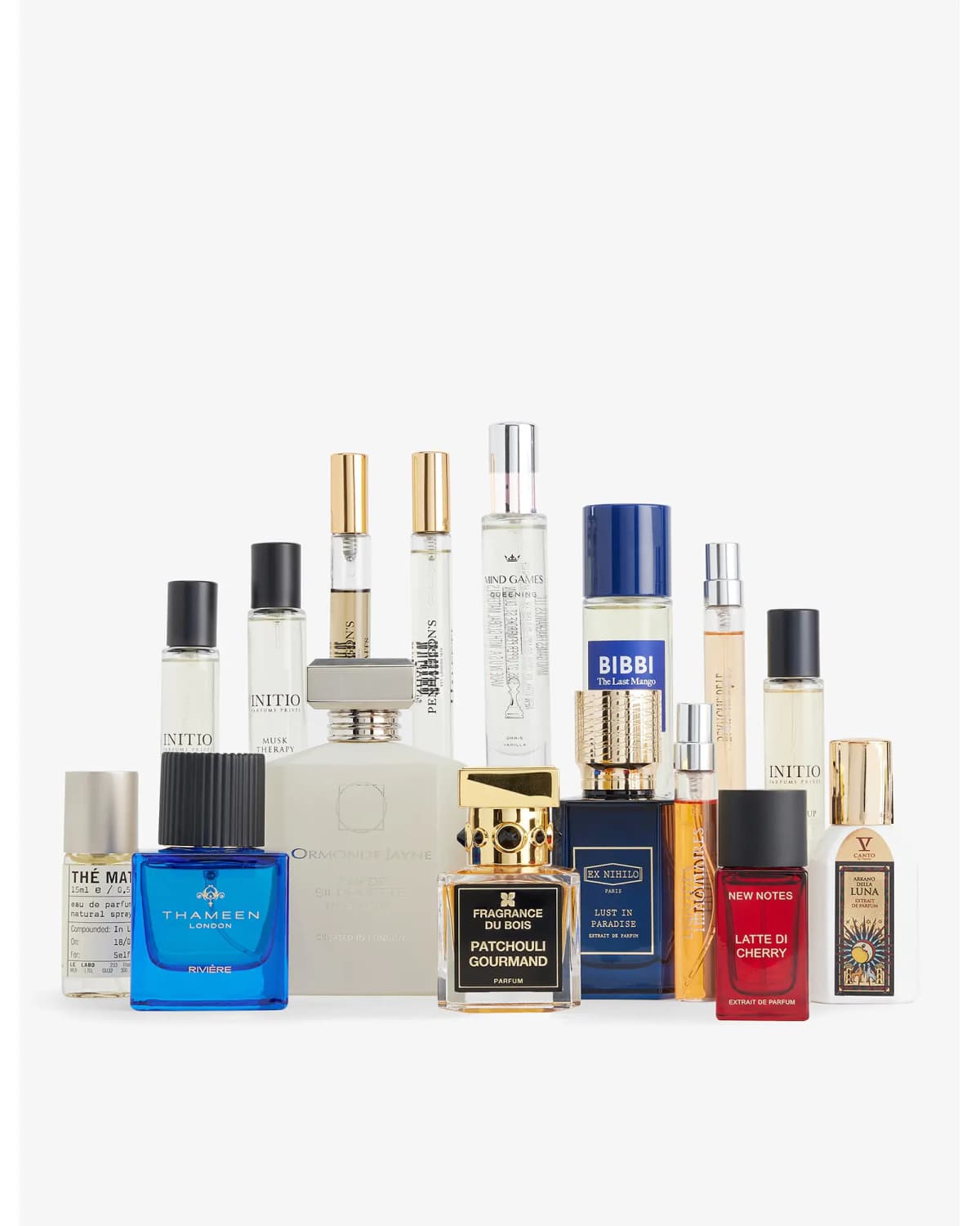 All 16 bottles grouped together, including Thameen Rivière, Fragrance Du Bois and New Notes Latte Di Cherry