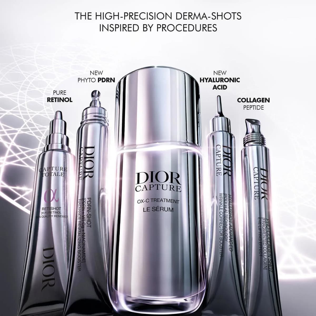 Lineup of five Dior Capture Derma-Shots with pure retinol, new phyto PDRN, Le Sérum, new hyaluronic acid and collagen peptide formulas