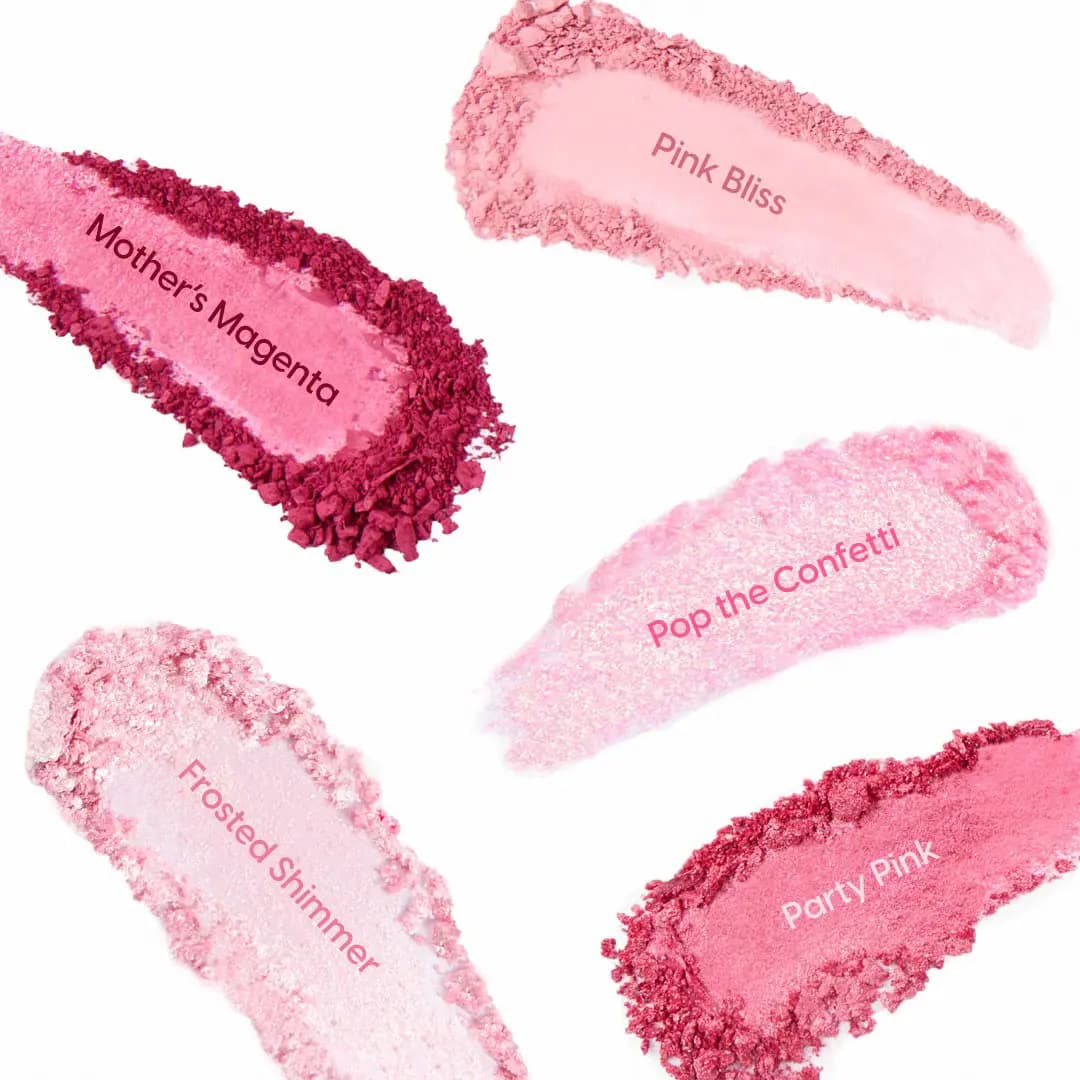 Crushed swatches of Mother's Magenta, Pink Bliss, Pop the Confetti, Frosted Shimmer and Party Pink