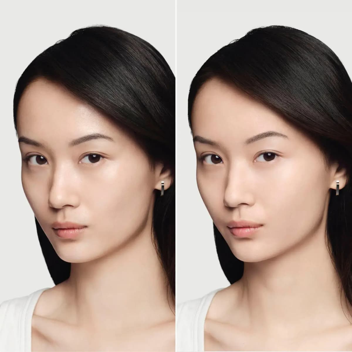 Before and after comparison of an East Asian model showing smoother, more even complexion after primer