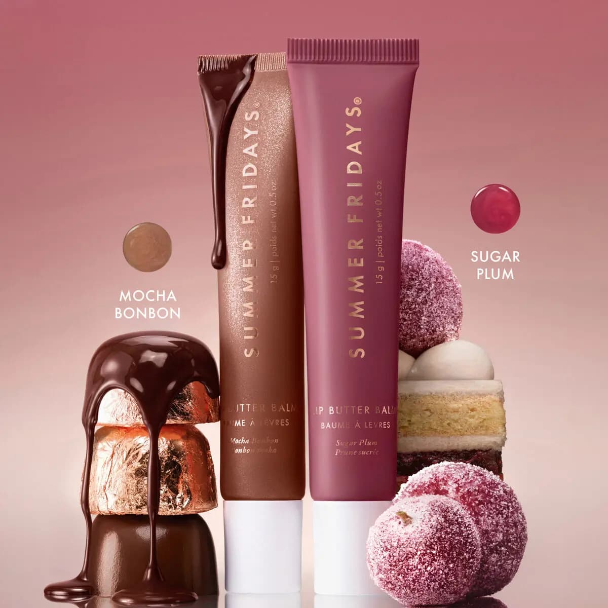 Mocha Bonbon and Sugar Plum Lip Butter Balms with melting chocolates, sugared plums, cake and colour swatch dots