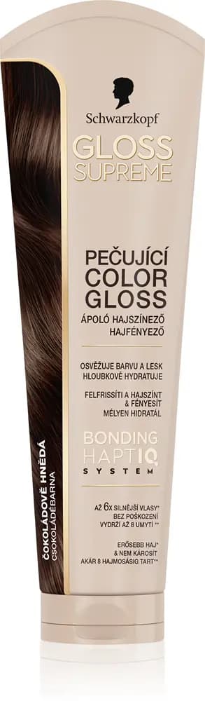 Schwarzkopf Gloss Supreme Color Gloss tube in chocolate brown with a glossy brown hair swatch on the side