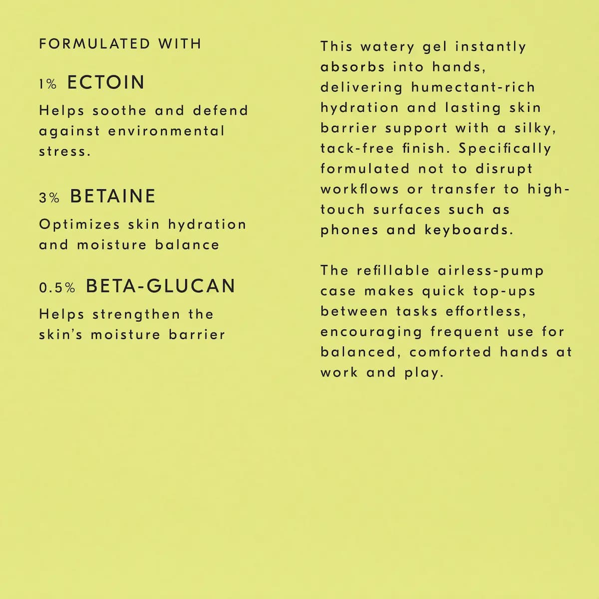 Yellow panel listing 1% Ectoin, 3% Betaine and 0.5% Beta-Glucan with a description of the watery gel