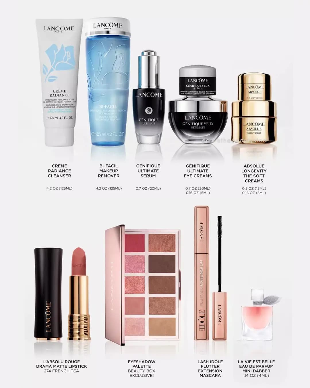 Lancôme product lineup labelled with names and sizes including Crème Radiance, Bi-Facil, Génifique serum, eye cream