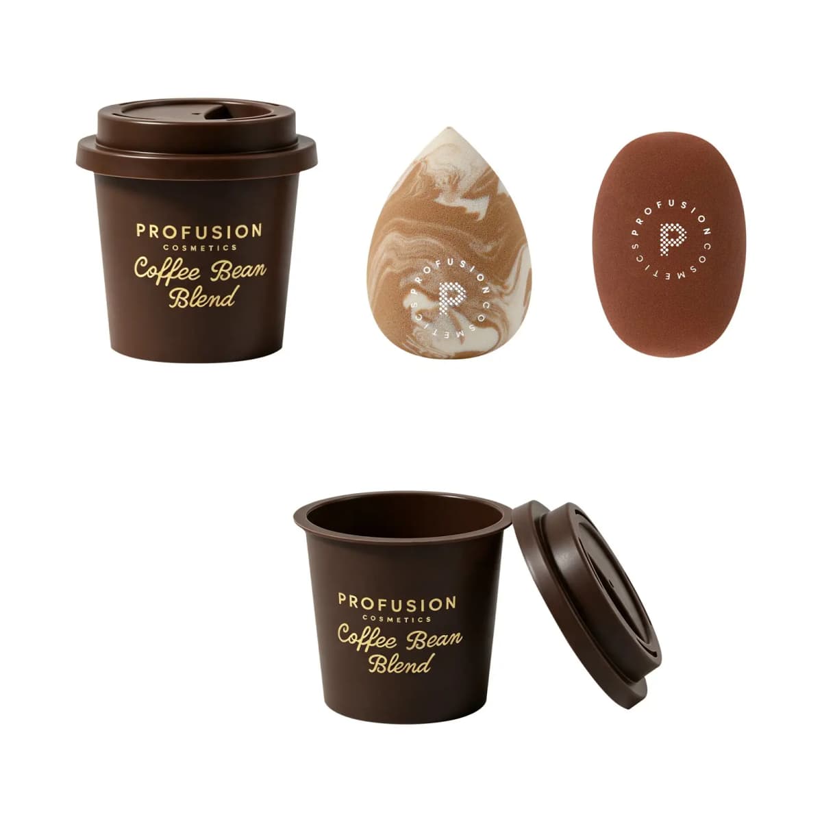 Coffee Bean Blend coffee cup case in brown with gold script, plus a marbled teardrop sponge and a brown oval sponge.