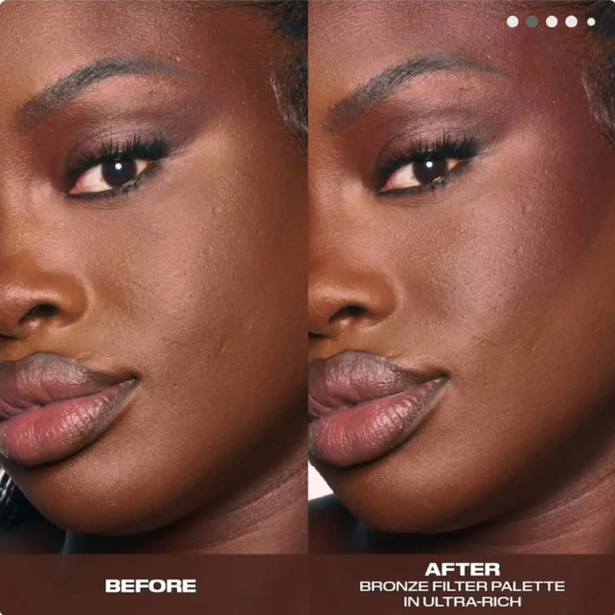 Before and after on a deep-skinned model, with subtle warmth and definition from the Ultra-Rich palette.