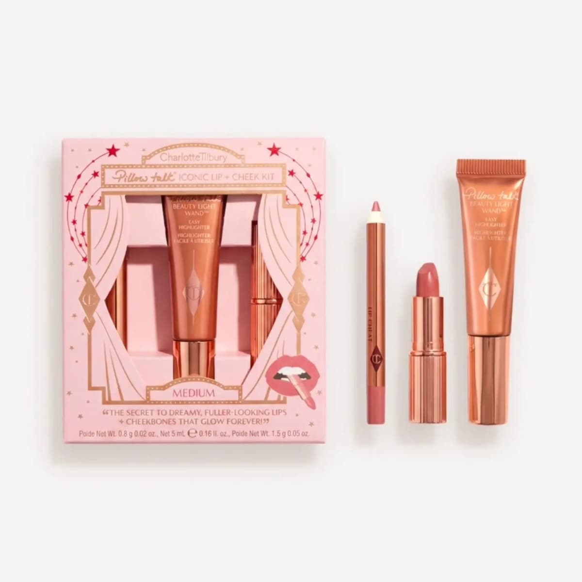 Pillow Talk Iconic Lip + Cheek Kit in Medium: Lip Cheat liner, nude-pink lipstick and Beauty Light Wand highlighter