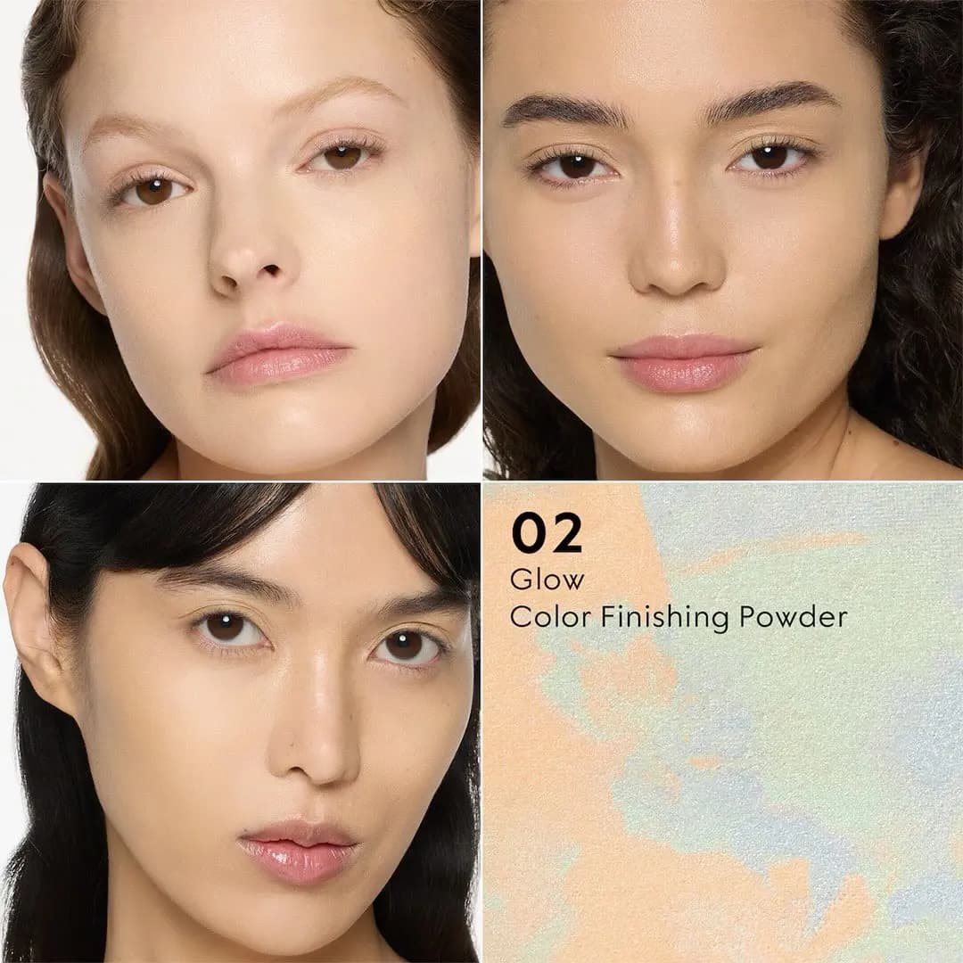 Shade 02 on three models with a natural luminous finish, next to peach, mint and blue marbled powder texture