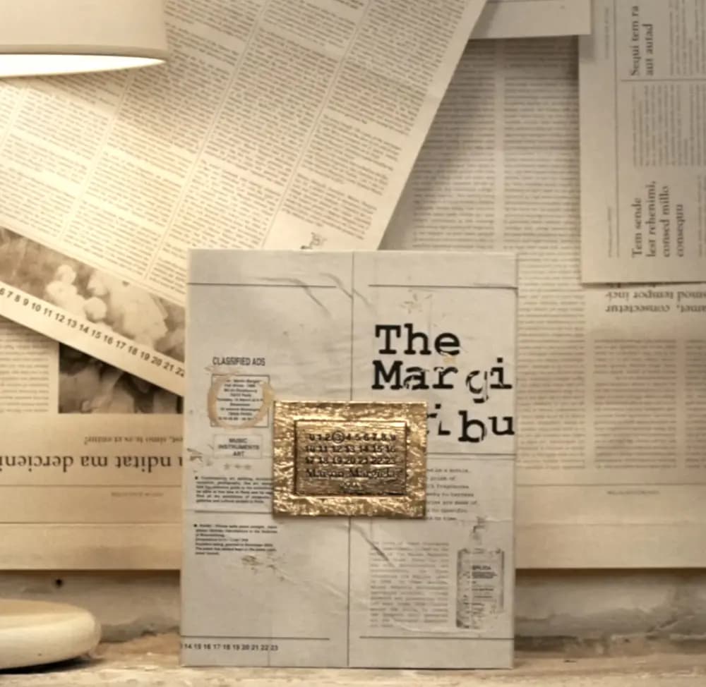 Closed newspaper-style box with gold foil label propped against a wall of newspaper pages beside a lamp