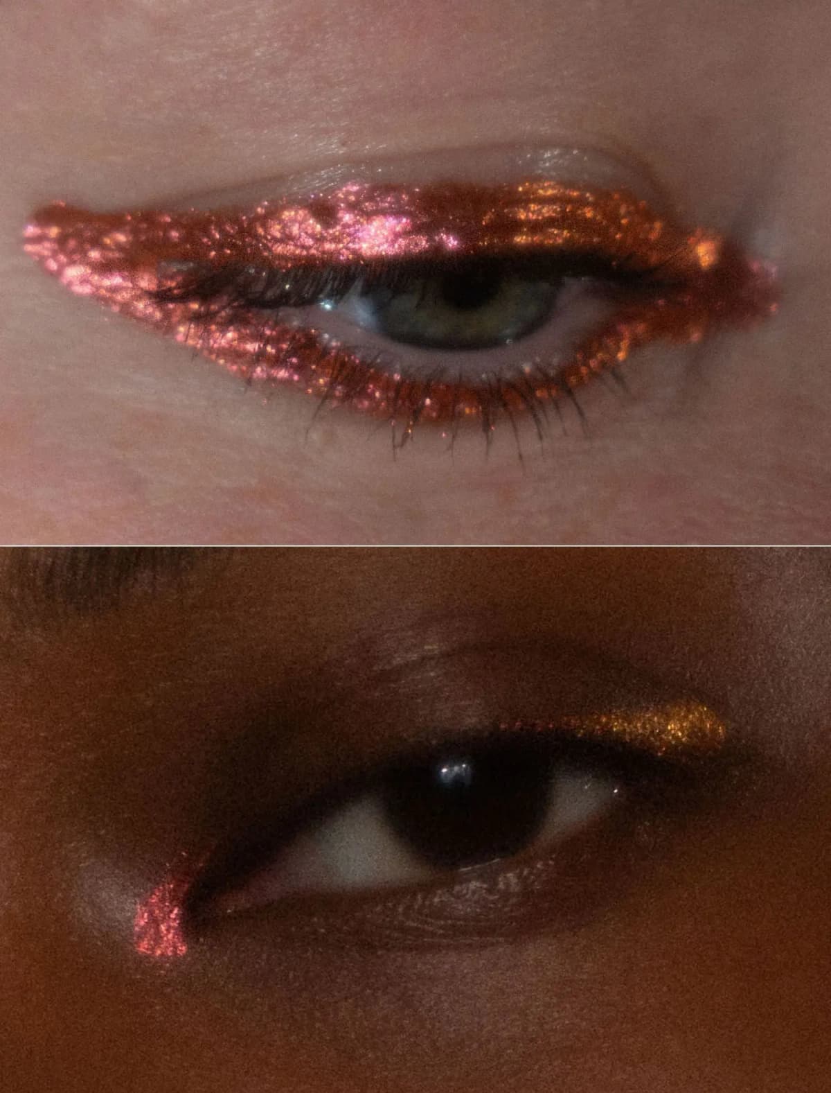 Glossy copper-pink liner wrapped around a green eye above; gold and red shimmer accents on deep skin below
