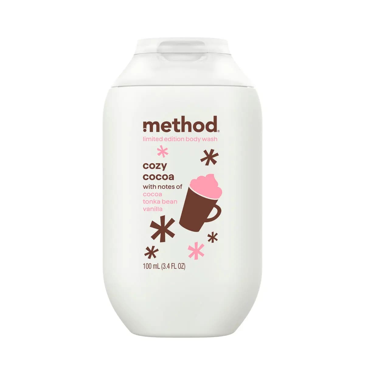 White Method Cozy Cocoa limited edition body wash bottle with brown cocoa mug and pink asterisks on a white background