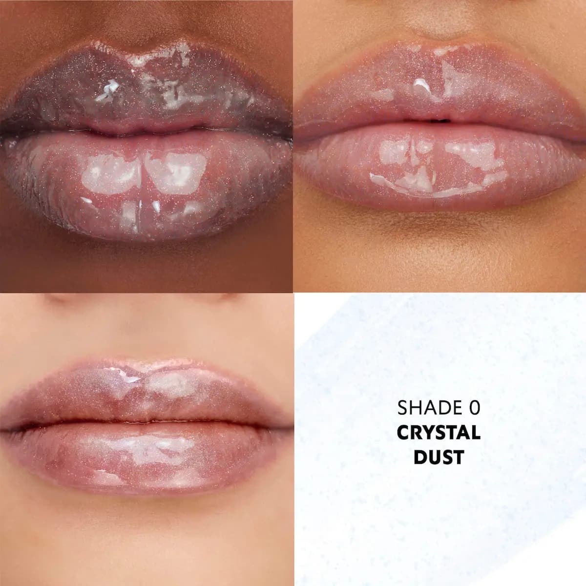 Crystal Dust on three skin tones, a glossy clear shimmer finish, with a pale blue sparkly swatch labelled Shade 0