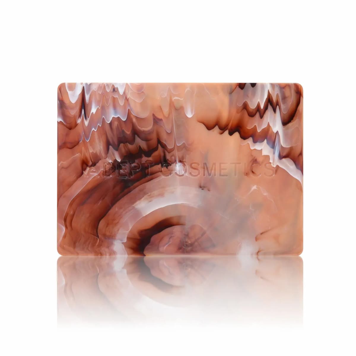 Closed palette with peach, brown and white marbled acrylic lid embossed with Adept Cosmetics