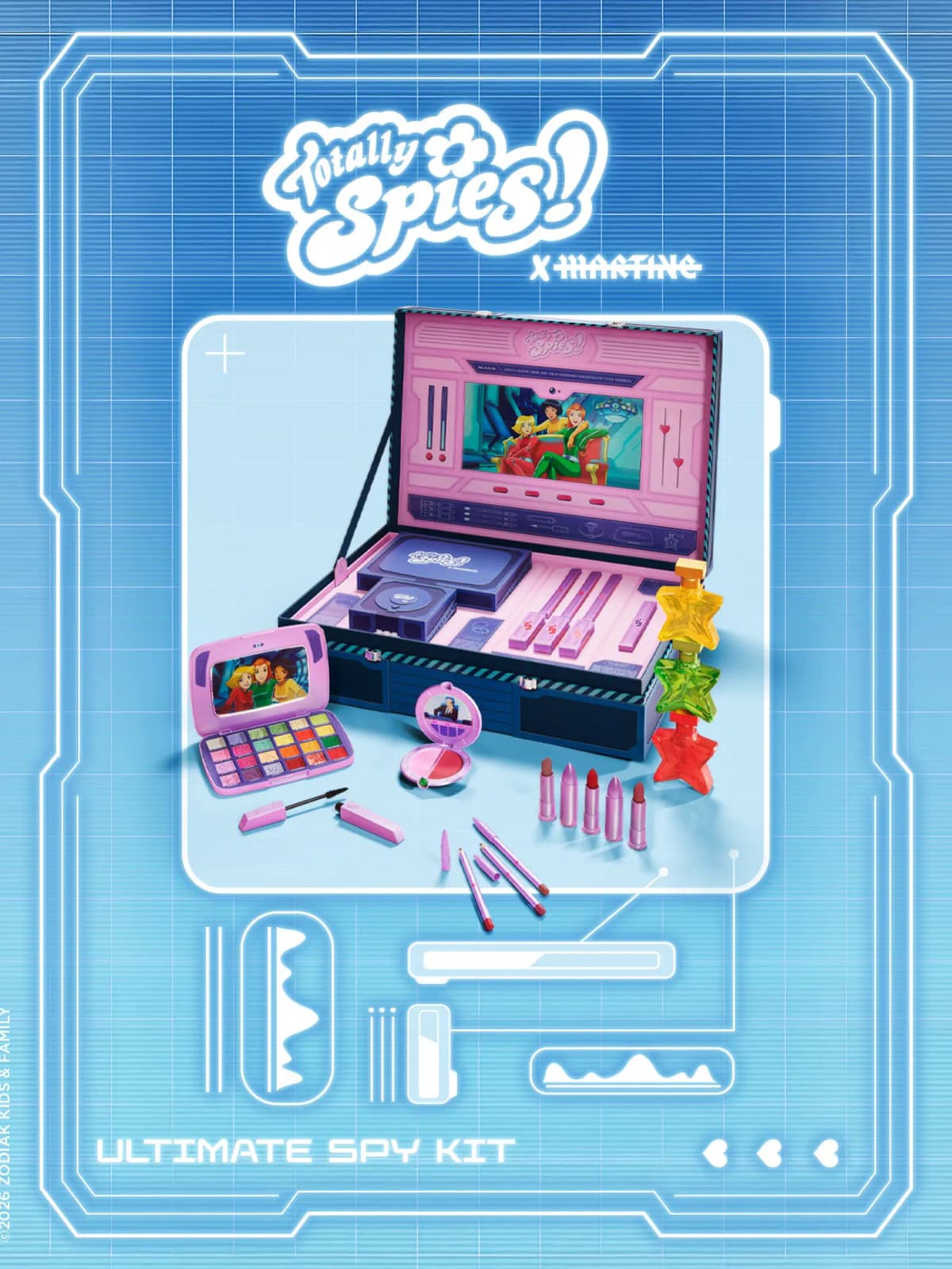 Totally Spies x Martine Ultimate Spy Kit displayed open showing palette, compact, lipsticks, mascara