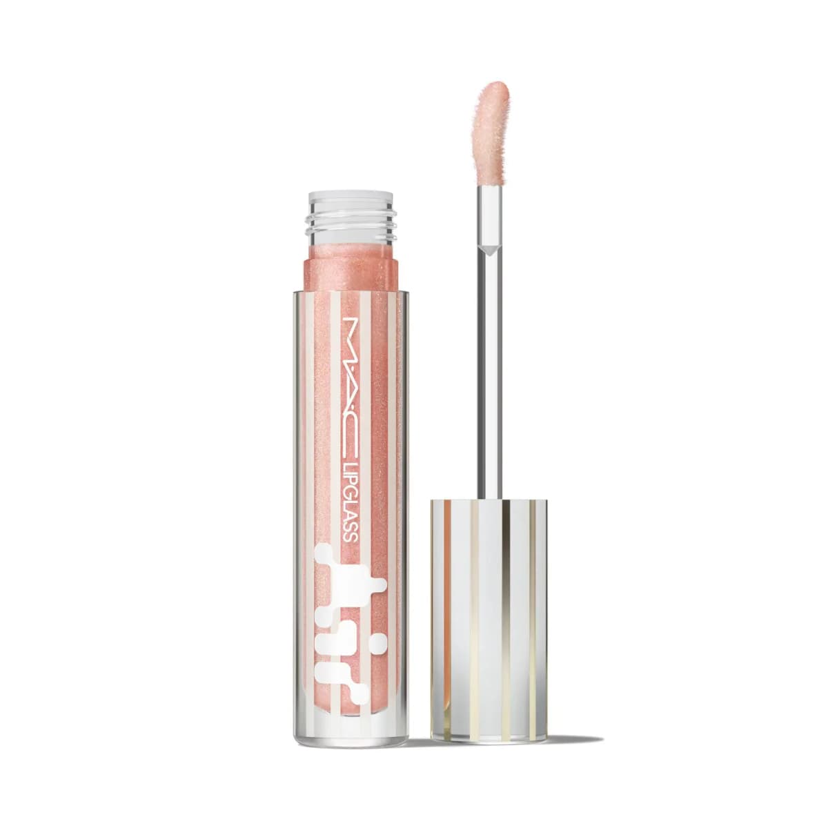 M·A·C Lipglass in a shimmery peach-pink shade, clear tube with white stripes, wand lifted from a striped silver cap.