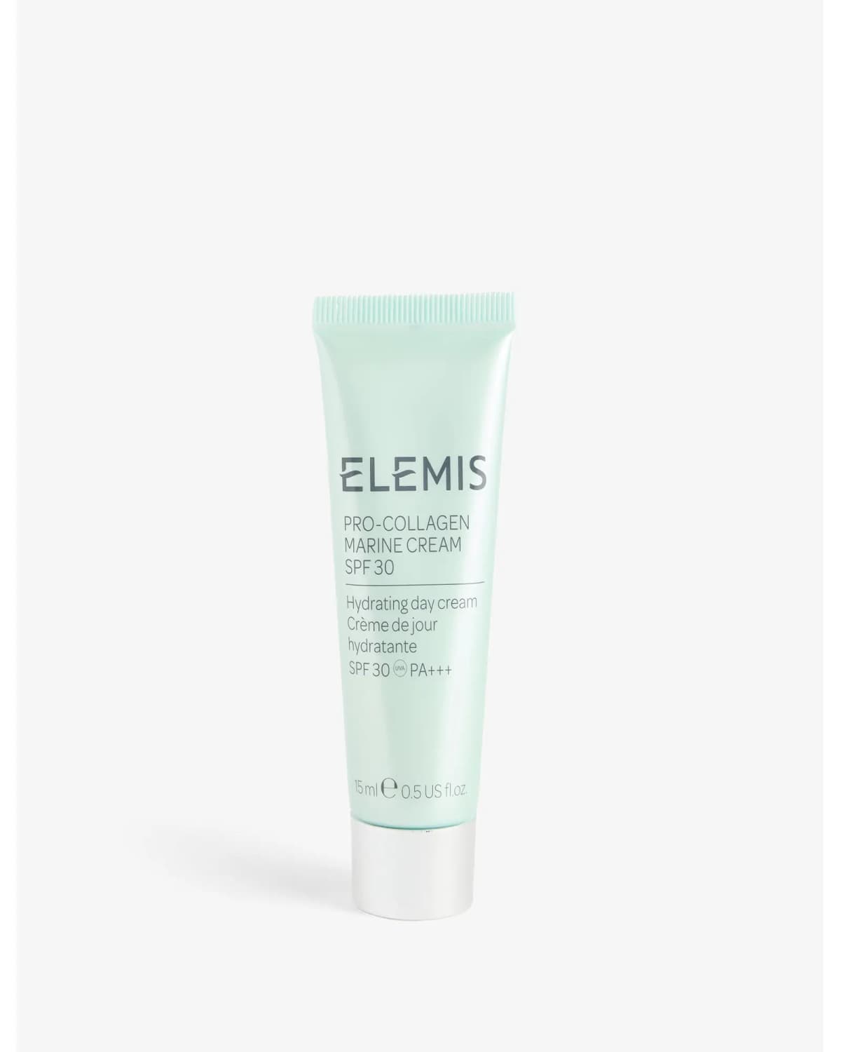 Mint green Elemis Pro-Collagen Marine Cream SPF 30 tube, 15ml, with silver cap