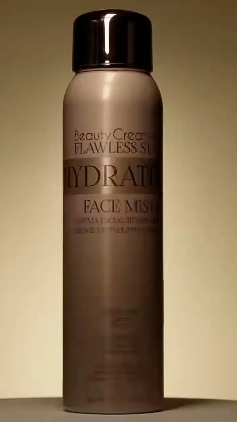 Beauty Creations Flawless Stay Hydrating Face Mist aerosol can, taupe metallic with black glossy cap, on a beige backdrop