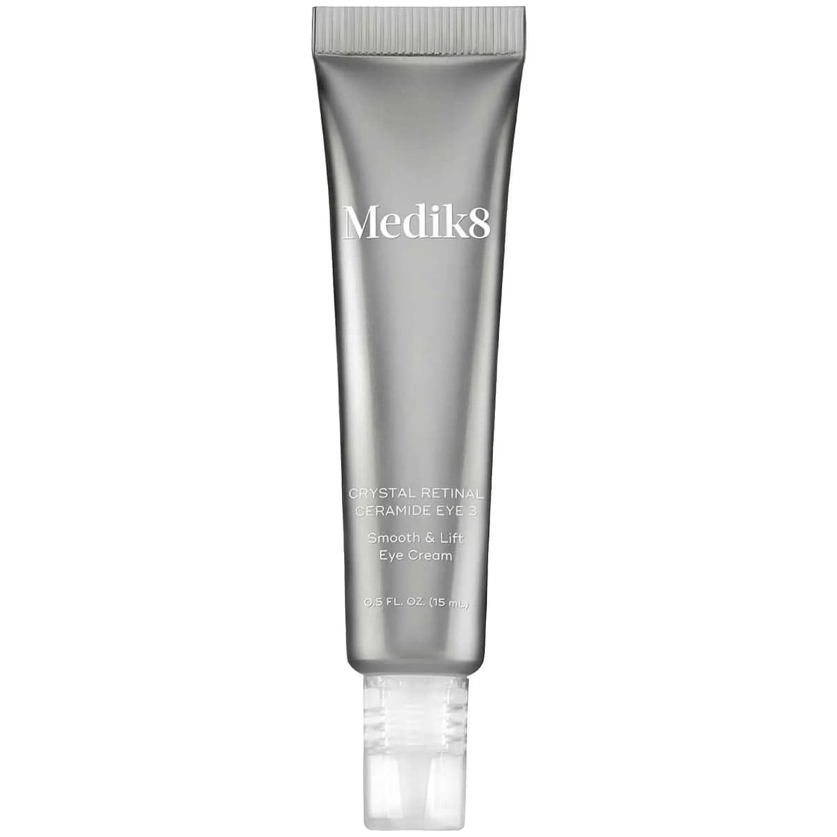 Silver Medik8 Crystal Retinal Ceramide Eye 3 Smooth & Lift Eye Cream tube, 15ml, with clear applicator cap