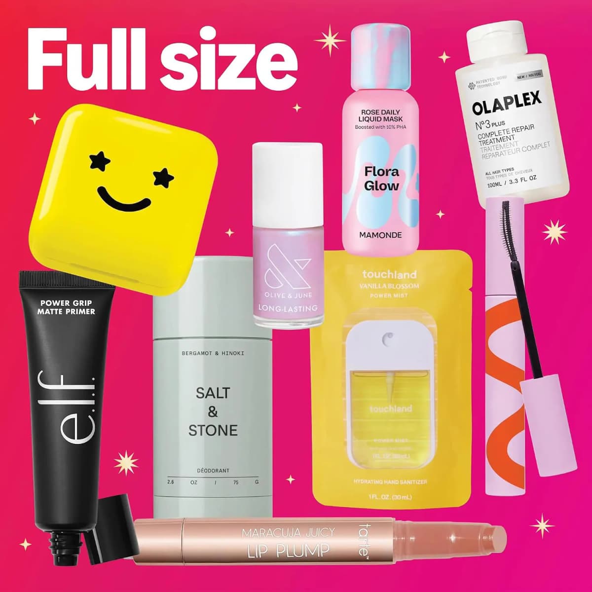 Full-size items incl. Olaplex No.3, Salt & Stone deodorant, e.l.f. primer, tarte lip plump and a yellow pimple patch case