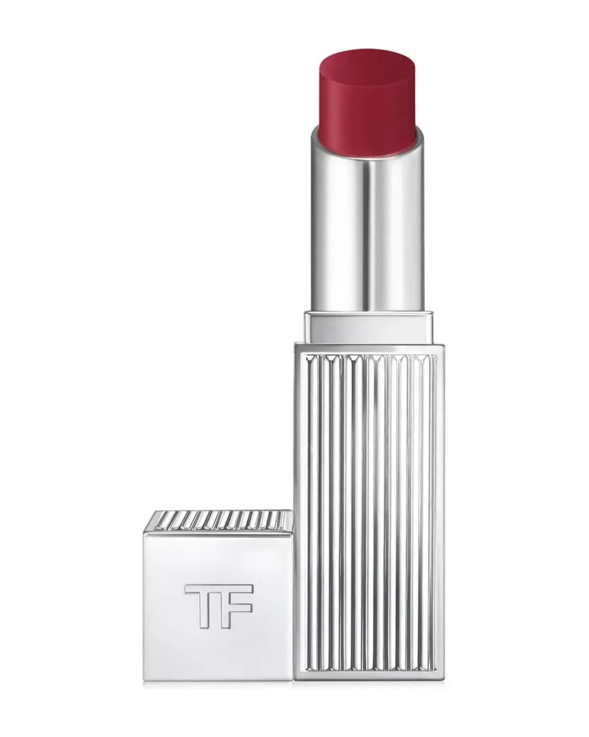 Tom Ford Ultra Shine Lip Color in a deep berry red shade, in a silver ribbed tube with a TF cap