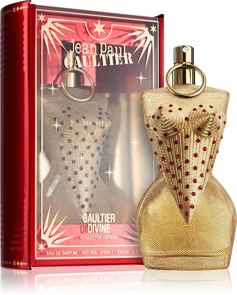 Gaultier Divine Collector Edition 100 ml EDP standing next to its red tarot-themed gift box