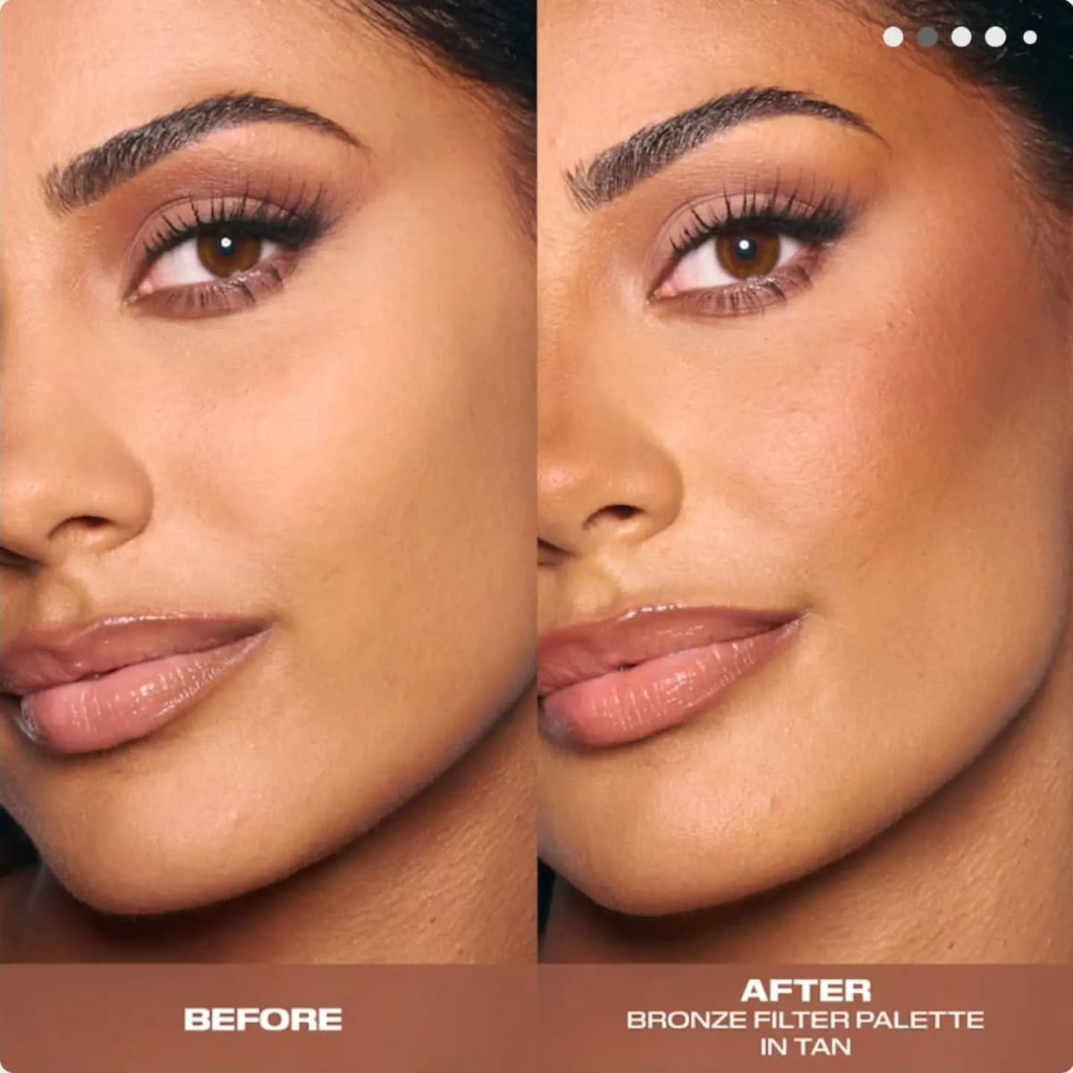 Before and after on a medium-tan model, with a soft sculpted bronze glow from the Tan palette.