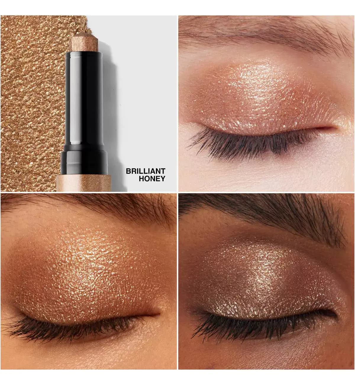 Brilliant Honey gold shimmer eye stick with swatch, shown on closed eyelids across three skin tones