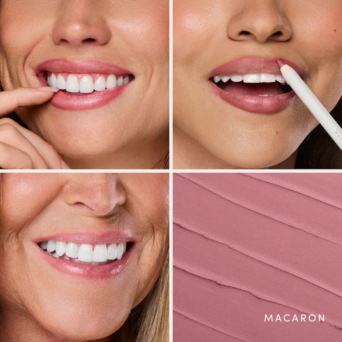 Three smiling close-ups wearing Macaron pink liner, one applying the pencil, beside a textured Macaron swatch.