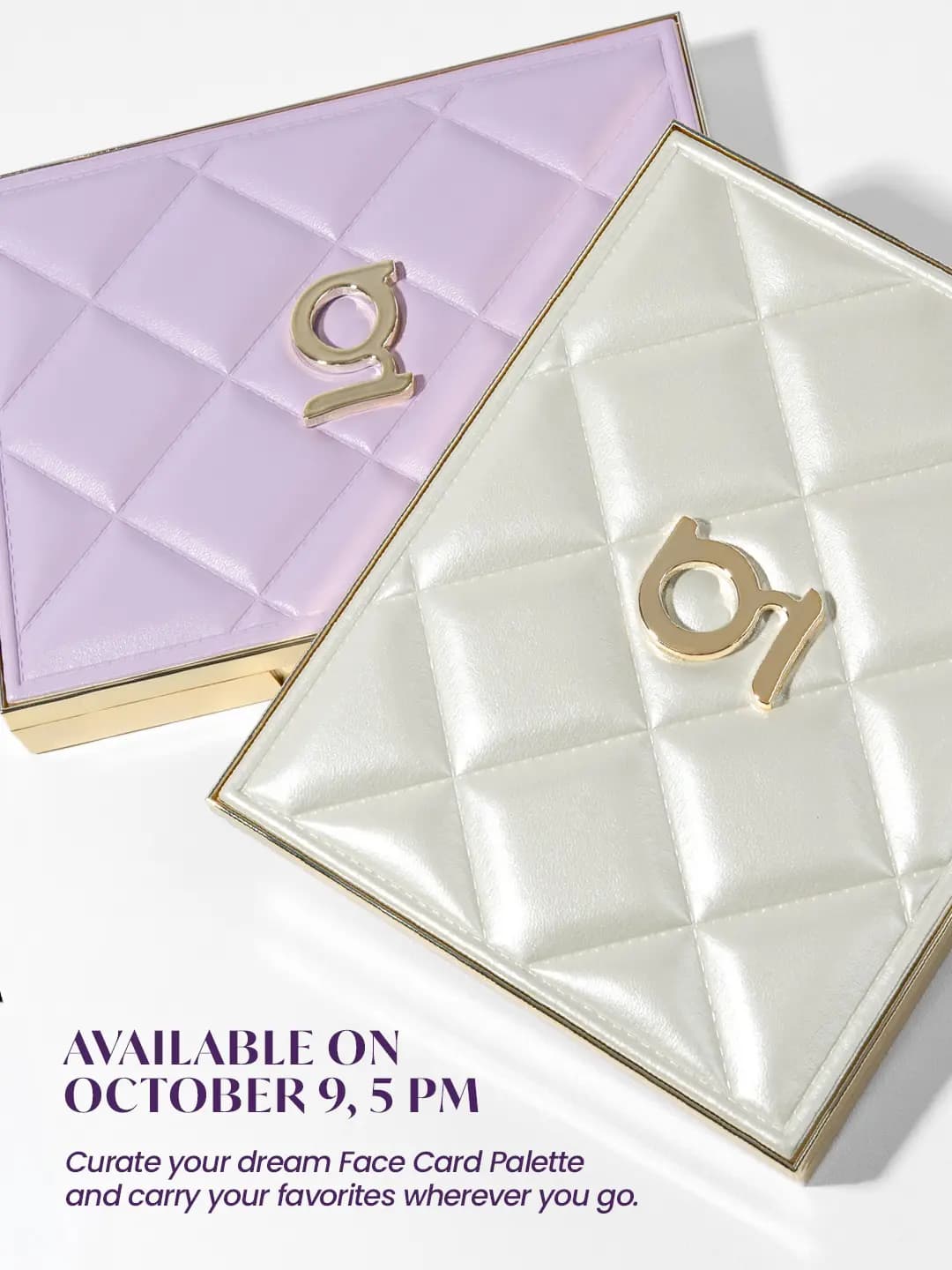 Viola lavender and Silk ivory quilted cases overlapping, with text: Available on October 9, 5 PM
