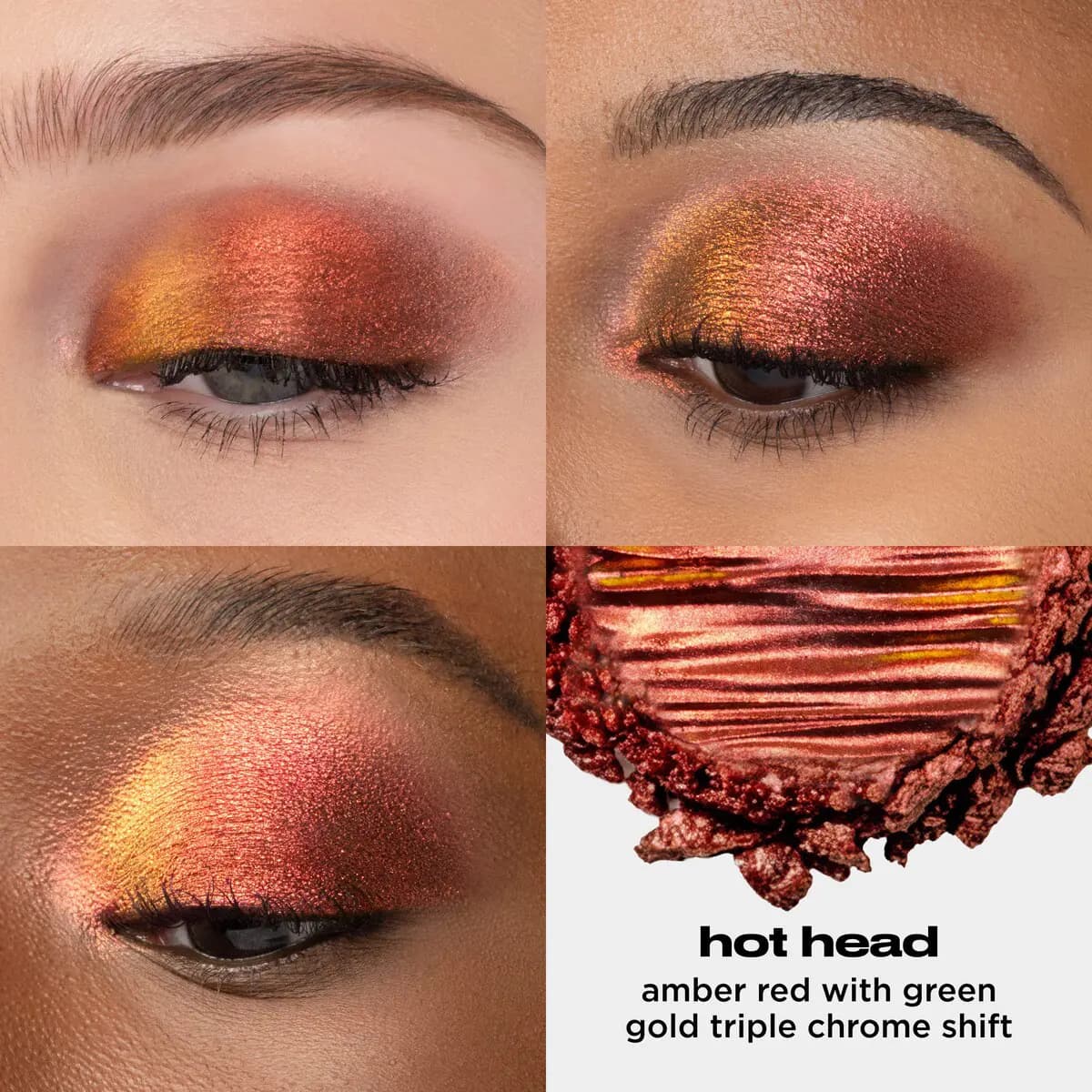 Hot Head on three eyes shifting from gold to red, plus a crushed swatch labeled amber red