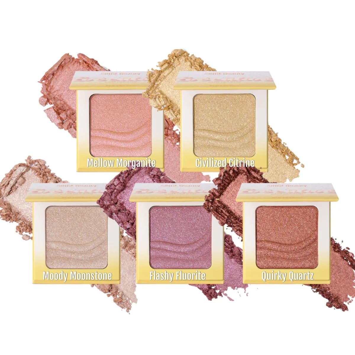 Five Evocative Glazed Highlighter compacts labeled Mellow Morganite, Civilized Citrine, Moody Moonstone, Flashy Fluorite