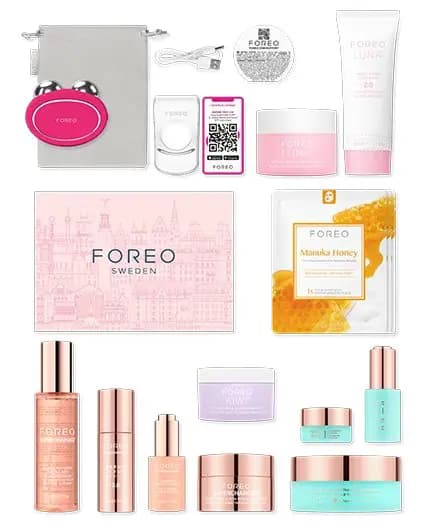Flat lay of BEAR 2 Edition contents: pink device, pouch, charger, Manuka Honey mask, LUNA cleansers and SUPERCHARGED formulas