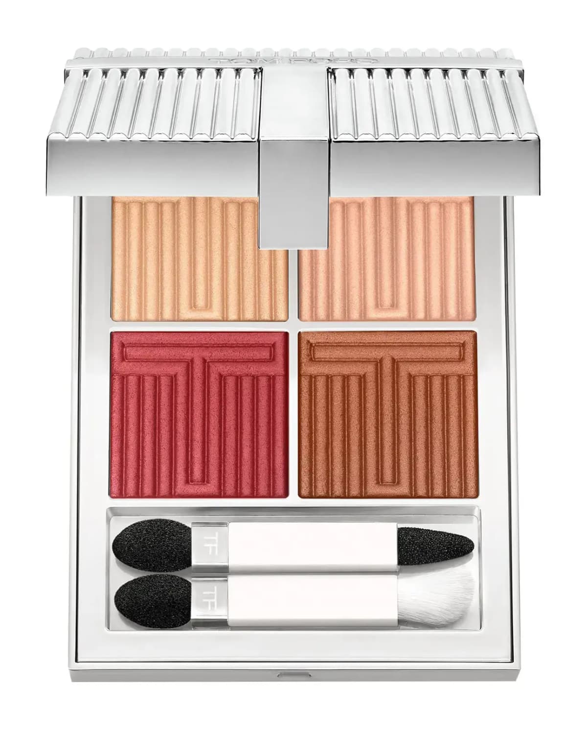 Tom Ford Eye Color Quad Lumière in Fireside Night with gold, peach, berry-red and bronze shimmer shades and applicators