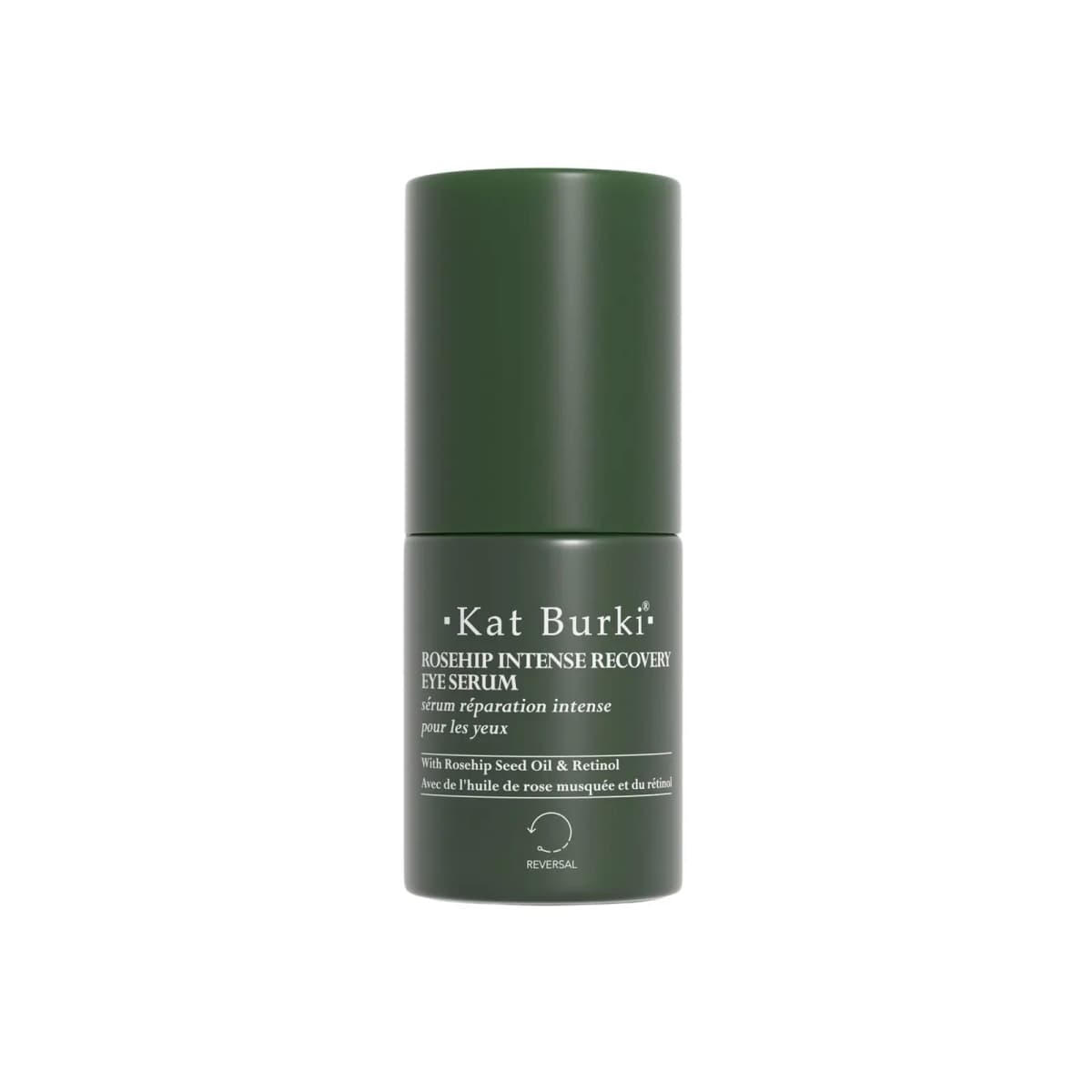 Kat Burki Rosehip Intense Recovery Eye Serum in a matte dark green pump bottle