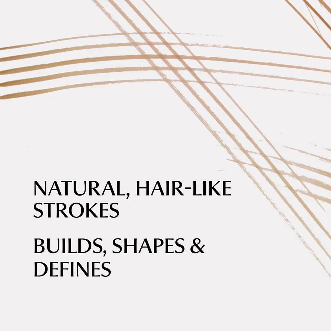 Light brown multi-line strokes crossing on pale background with text: natural, hair-like strokes; builds, shapes & defines.