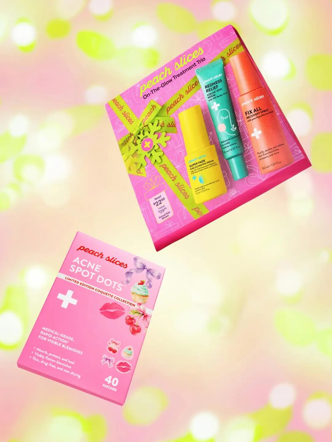 Peach Slices On-The-Glow Treatment Trio box and Acne Spot Dots Coquette pack floating on a pink and lime bokeh background