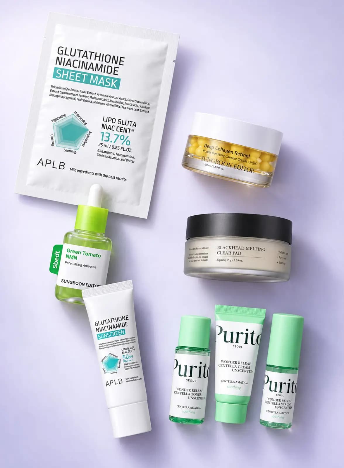 APLB sheet mask and sunscreen, Sungboon Editor ampoule and capsule cream, a clear pad jar and Purito minis on lilac