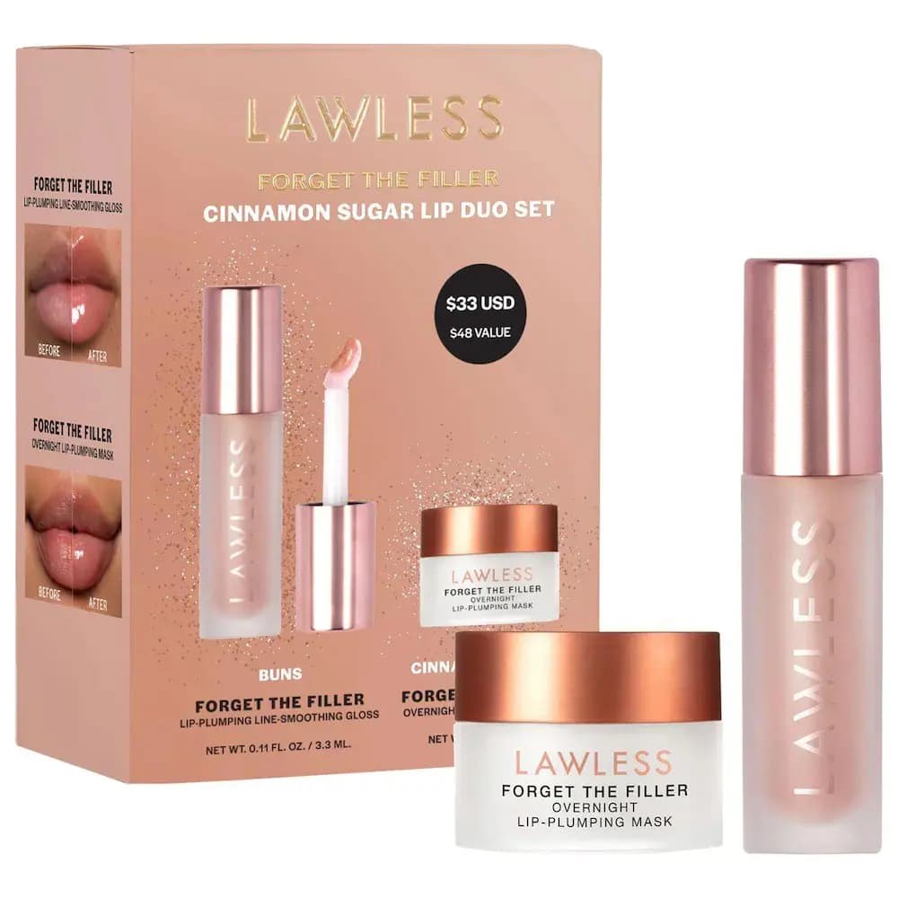 Lawless Cinnamon Sugar Lip Duo Set box showing the Buns lip gloss and overnight lip mask, priced $33 with a $48 value