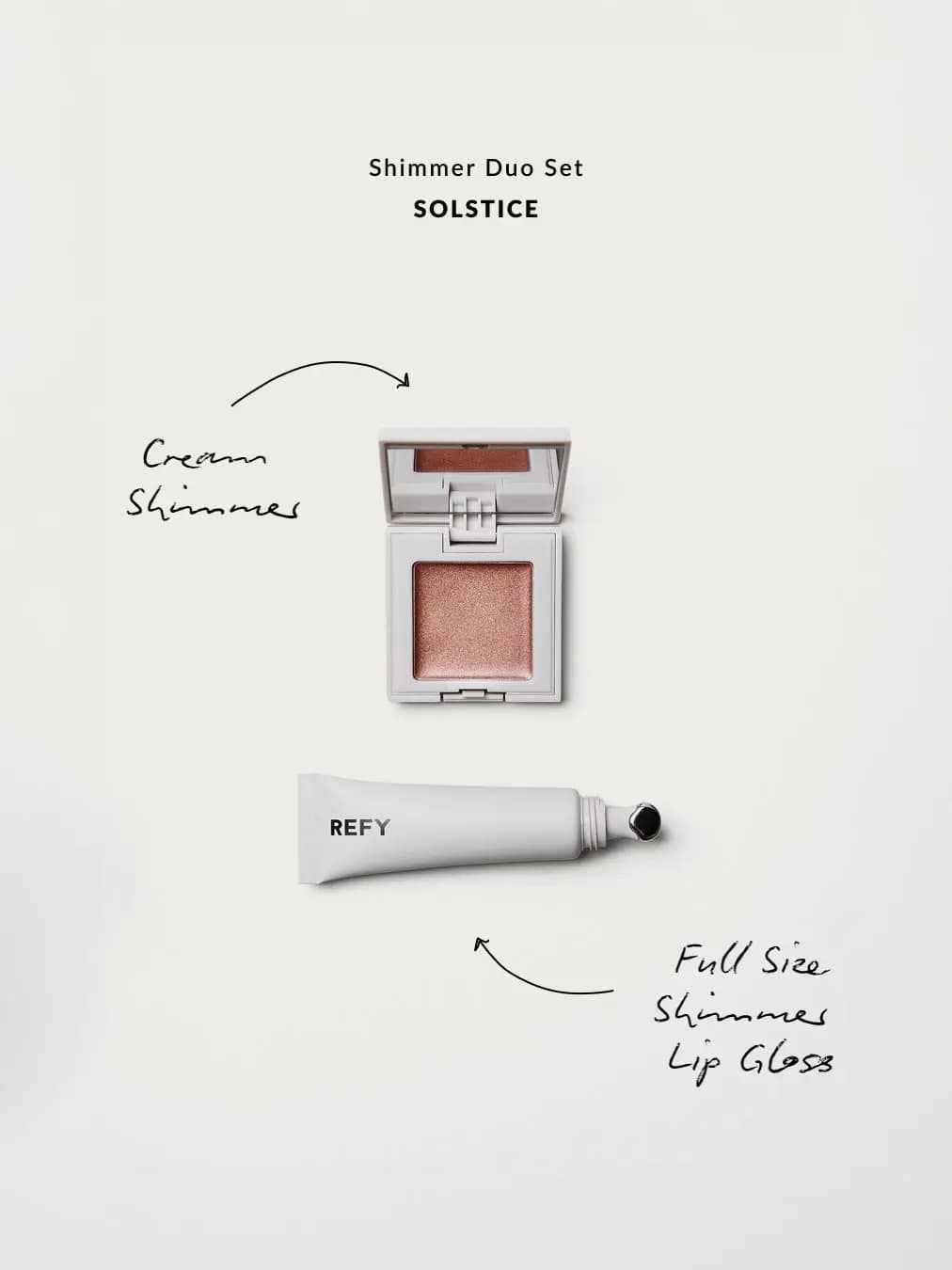 Shimmer Duo Set in Solstice showing an open compact of rose-bronze cream shimmer and a REFY lip gloss tube.