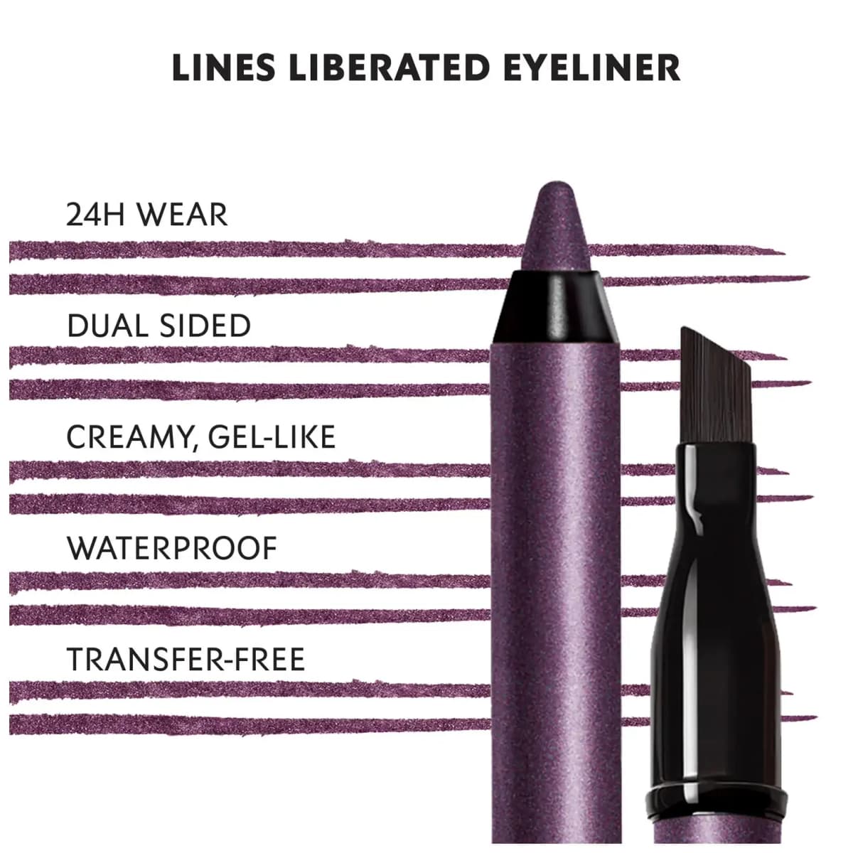 Shimmering purple Lines Liberated pencil and angled brush over plum-purple swatch lines with feature text.