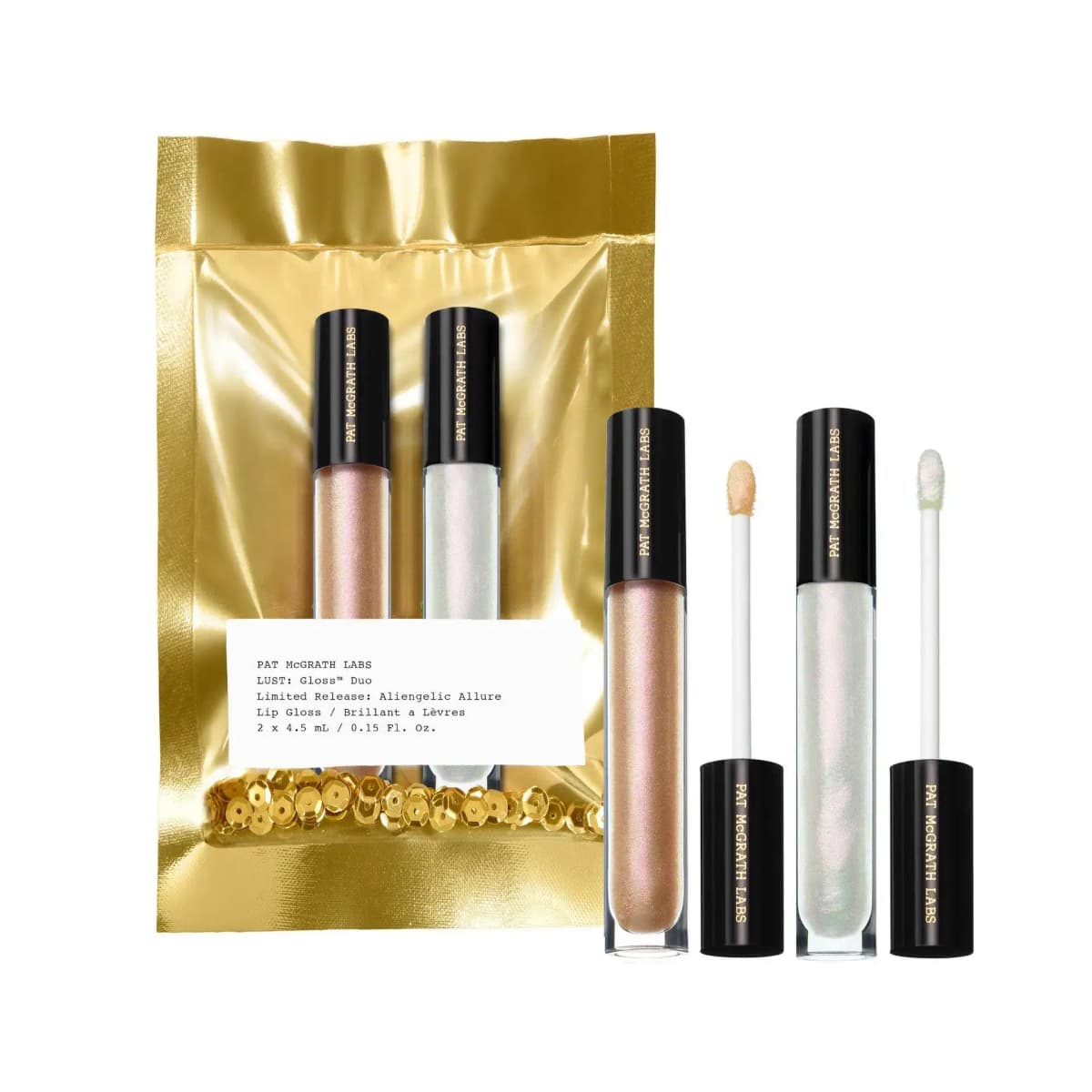 Aliengelic Allure duo with pink-champagne and iridescent pearl-white glosses beside a gold foil pouch